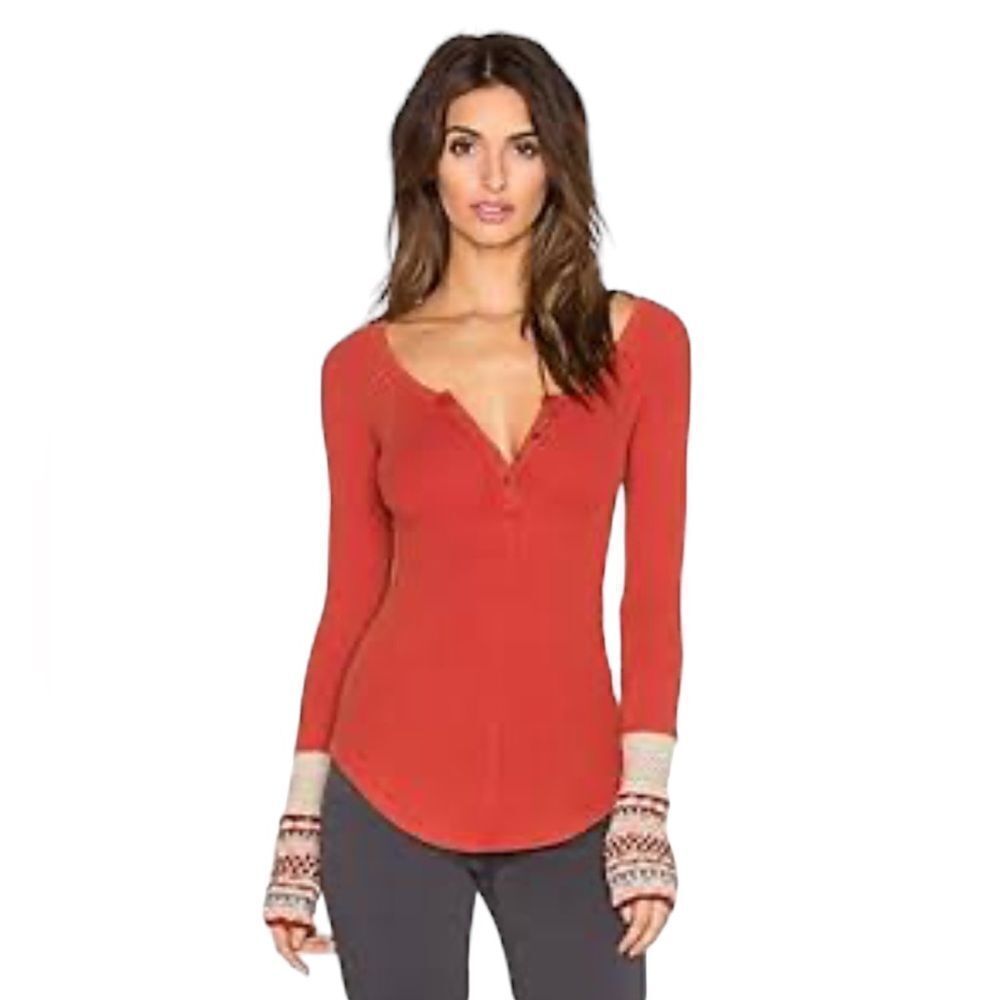 Free People Ski Lodge Cuff Thermal Blouse Women’s Crimson Combo Size Small